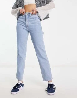 Dickies Ellendale Mid Rise Straight Fit Denim Mom Jeans In Vintage Blue For Women Vntg Blue