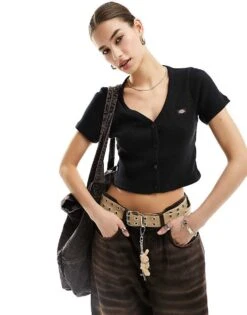 Dickies Emphoria Short Sleeve Ribbed Cardigan In Black For Women