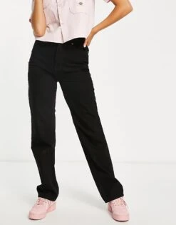 Dickies Dickers Thomasville High Rise Relaxed Baggy Fit Denim Jeans In Rinsed Black For Women