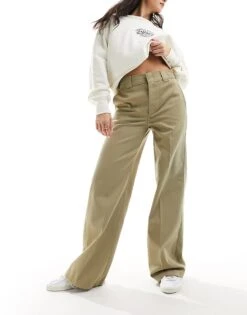 Dickies Wide Leg Work Trousers In Beige Tan For Women Khaki