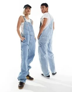 Dickies Classic Denim Dungarees In Vintage Light Blue For Unisex Vintage Aged Blue -Dickies Shop 205953325 3