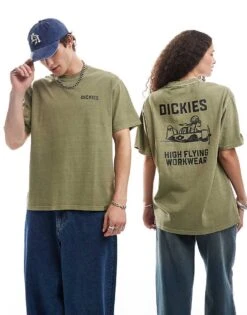 Dickies Graphic Airplane Back Print T-shirt In Khaki Green For Unisex Mid Green