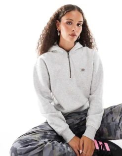 Dickies Seasonal Quarter Zip Hooded Jumper In Light Grey For Women -Dickies Shop 206672354 1 grey 1