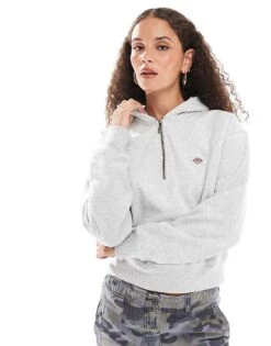 Dickies Seasonal Quarter Zip Hooded Jumper In Light Grey For Women -Dickies Shop 206672354 3