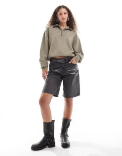 Dickies Seasonal Oversized Quarter Zip Knitted Jumper In Khaki Green For Women