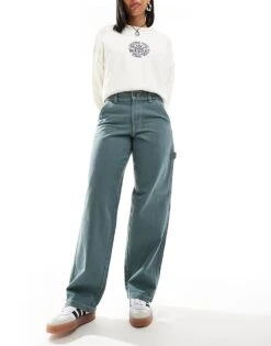 Dickies Loose Straight Carpenter Trousers In Dark Green For Women Mid Green -Dickies Shop 206695287 4