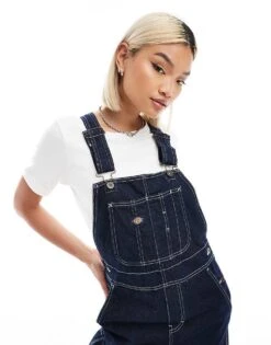 Dickies Classic Denim Dungarees In Dark Blue For Women Mid Blue