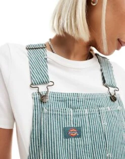 Dickies Classic Hickory Striped Dungarees In Dark Green For Women Mid Green -Dickies Shop 206695905 3
