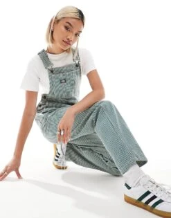 Dickies Classic Hickory Striped Dungarees In Dark Green For Women Mid Green -Dickies Shop 206695905 4