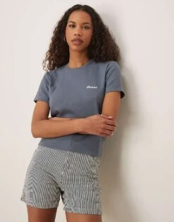 Dickies Lewistwon Embroidered Logo Long Line Baby Tee In Mid Blue For Women