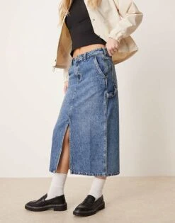 Dickies Long Denim Skirt With Front Slit In Rinsed Blue With Fade For Women -Dickies Shop 207722455 1 blue 1