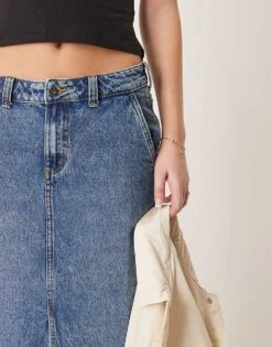 Dickies Long Denim Skirt With Front Slit In Rinsed Blue With Fade For Women -Dickies Shop 207722455 3