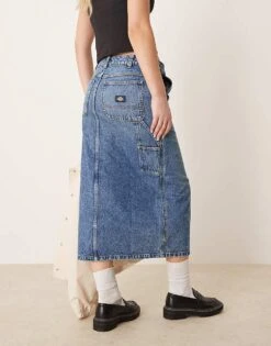 Dickies Long Denim Skirt With Front Slit In Rinsed Blue With Fade For Women -Dickies Shop 207722455 4