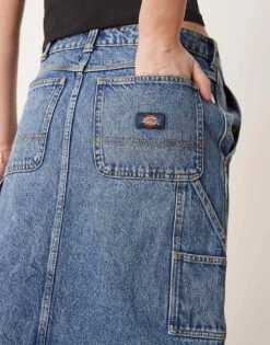 Dickies Long Denim Skirt With Front Slit In Rinsed Blue With Fade For Women -Dickies Shop 207722455 5