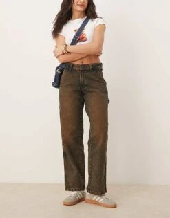 Dickies Stevensville Loose Fit Carpenter Denim Jeans In Brown Tinted Indigo For Women Dark Blue