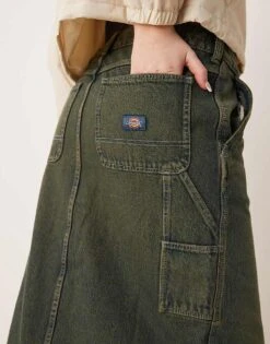 Dickies Long Denim Carpenter Skirt With Front Slit In Green Tone Light Grey For Women -Dickies Shop 207722613 3