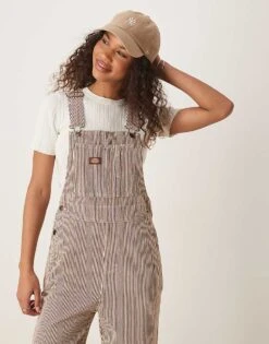 Dickies Classic Hickory Stripe Denim Dungarees In Cappuccino Brown For Women