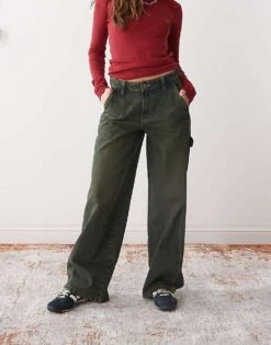 Dickies Denim Carpenter Wide Leg Trousers In Green Tone Light Grey For Women