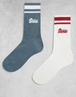 Dickies Lewistown Striped 2 Pack Crew Socks In Off White And Blue For Unisex Multi